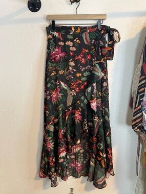 NWOT Anthropologie Black Floral Ruffled Wrap Skirt Medium